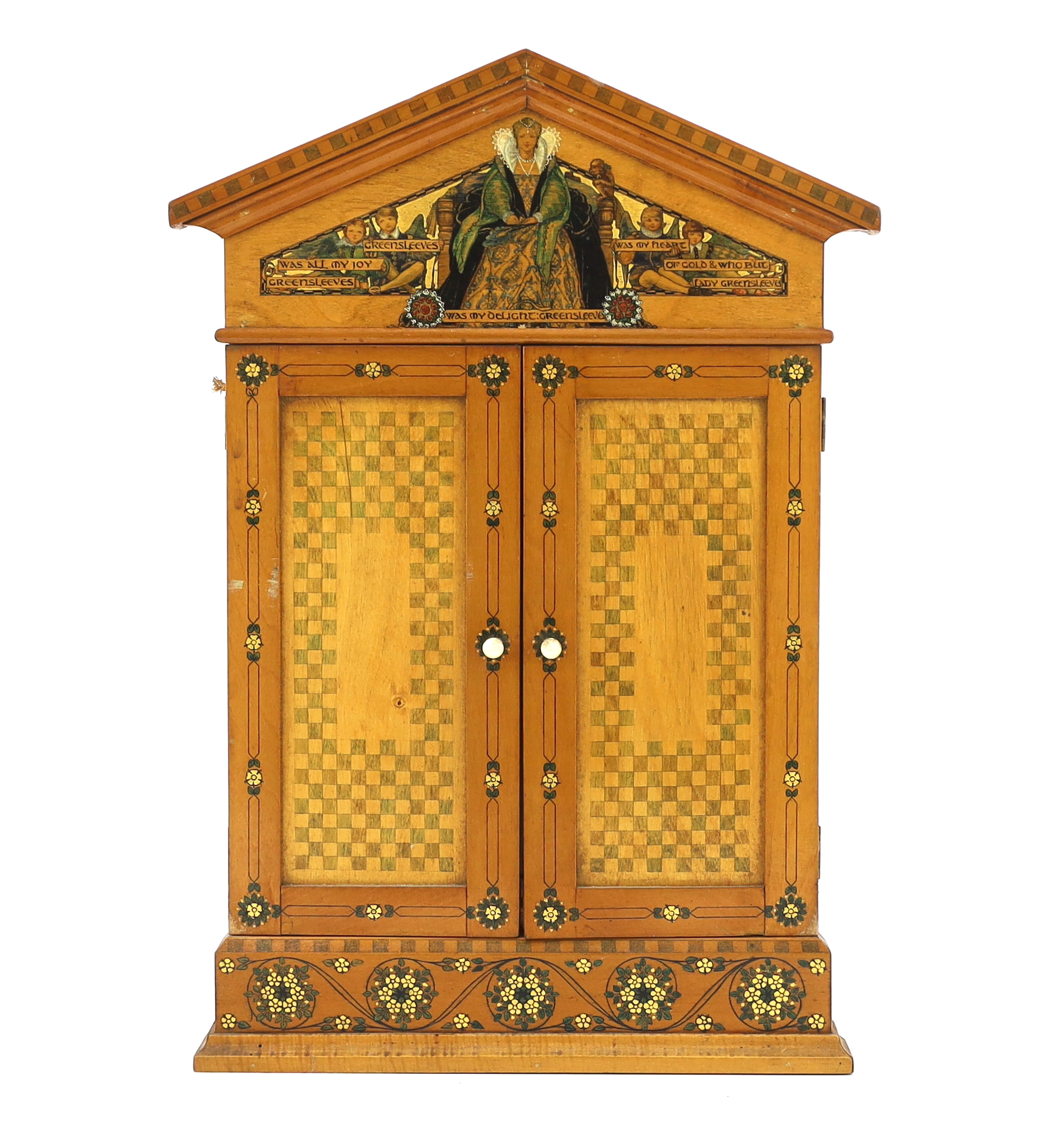 Gwendolyn White , The Greensleeves Triptych, whitewood with stained and gilt gesso decoration, 33cm wide, 3cm deep, 48cm high